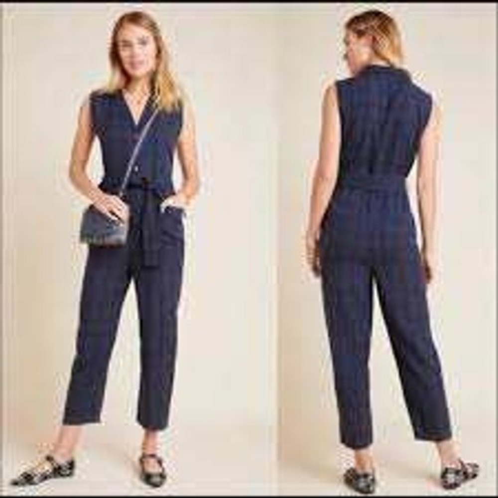 Anthropologie Navy Blue Plaid Sleeveless Tie Waist Jumpsuit XL